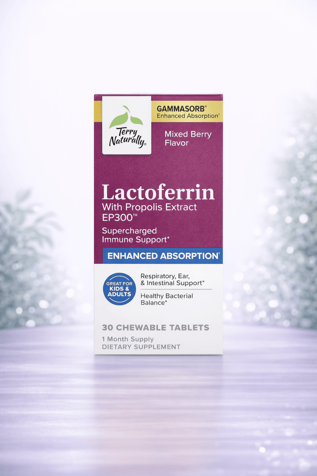 Terry Naturally, Lactoferrin With Propolis Extract, Mixed Berry, 30 Chewable Tablets – Immunitet va og‘iz bo'shlig'i himoyasi